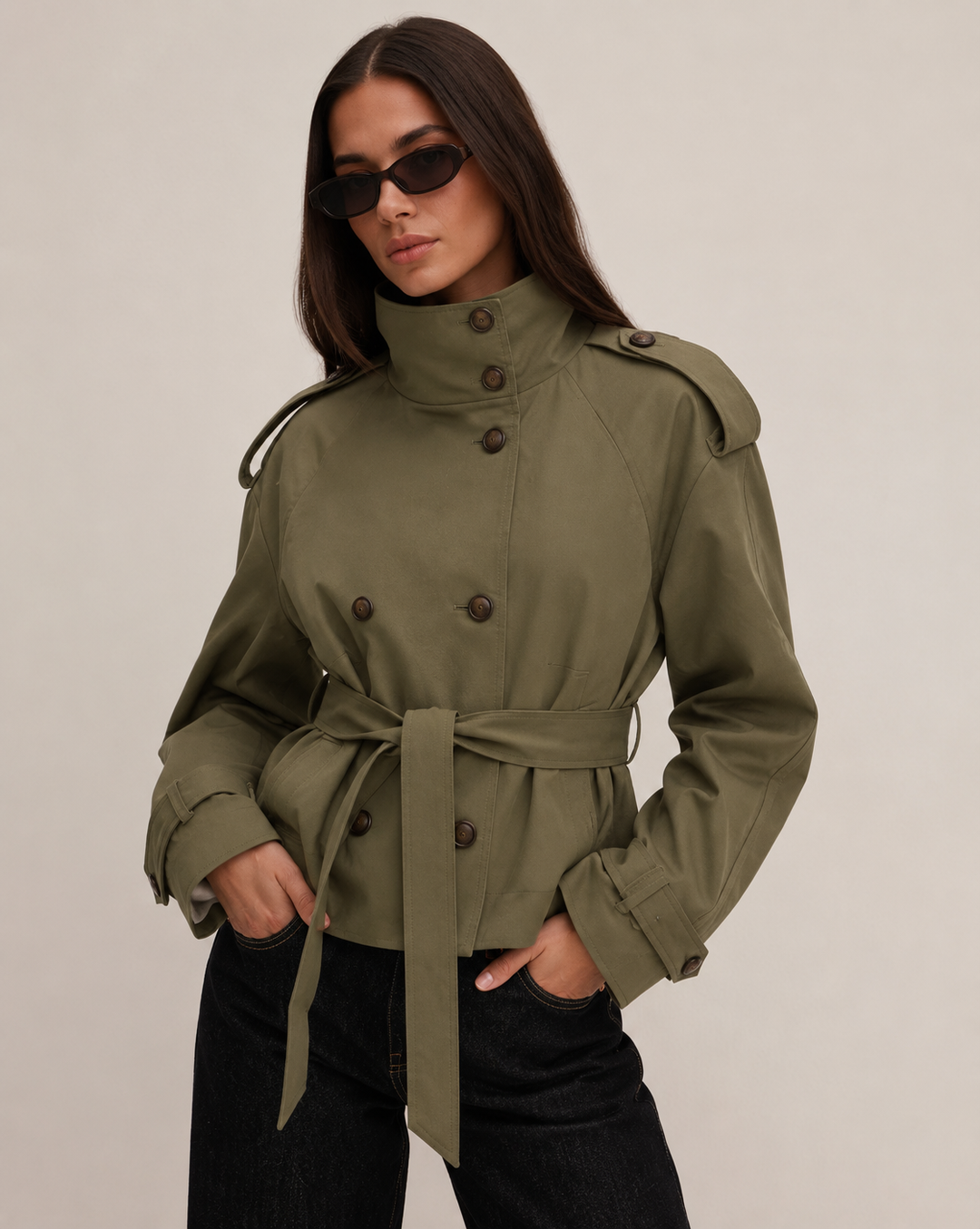 Ines | Women's Cropped Trench Jacket | Lace-Up Detail - Vellmont & Co.