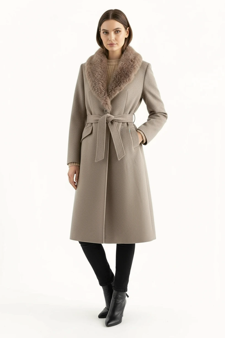 Lidia | Women's Belted Wool-Blend Coat | Faux Fur Collar - Vellmont & Co.